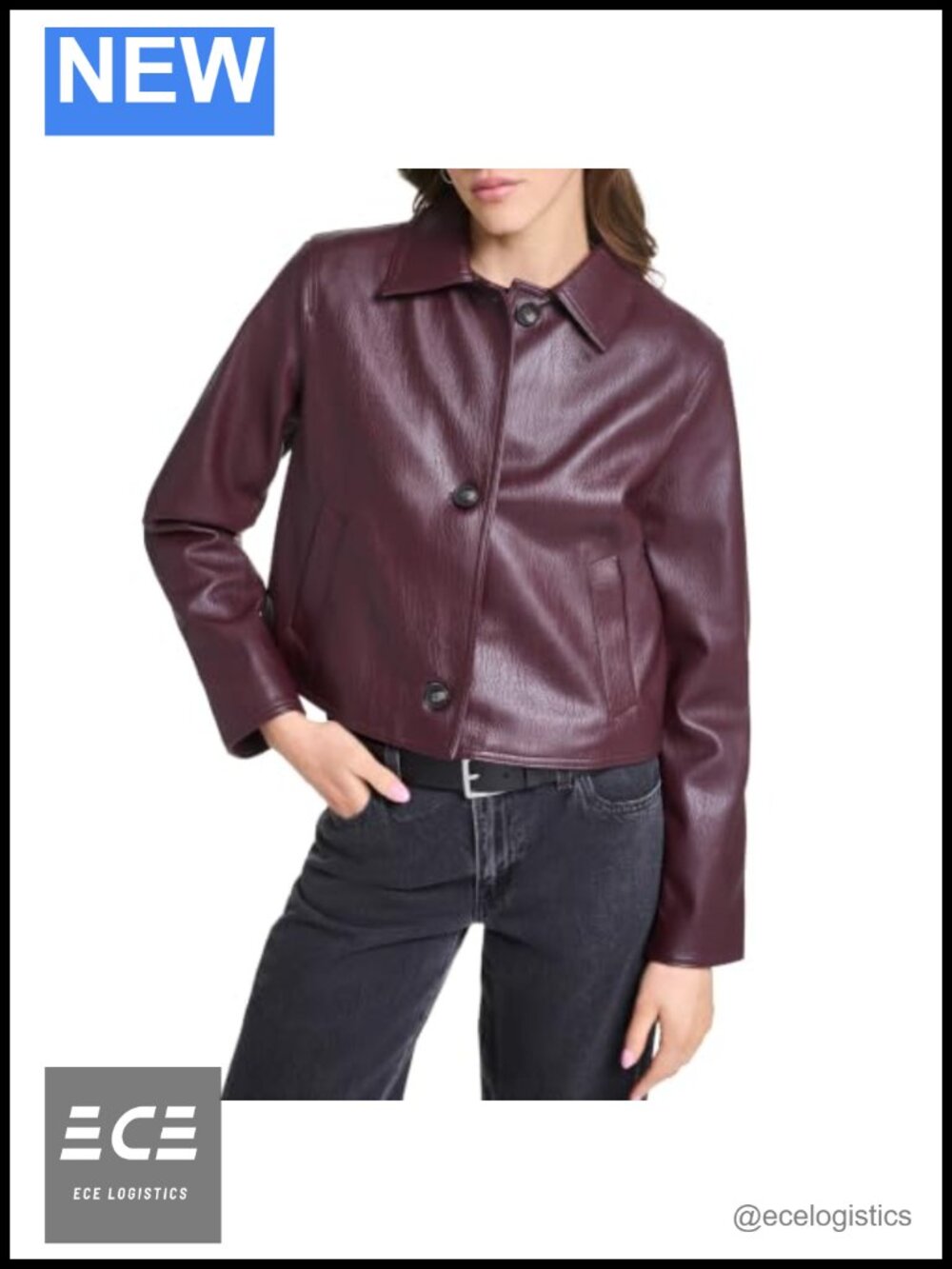 Faux Leather Cropped Button Front Jacket Batwing Sleeve Fall Casual